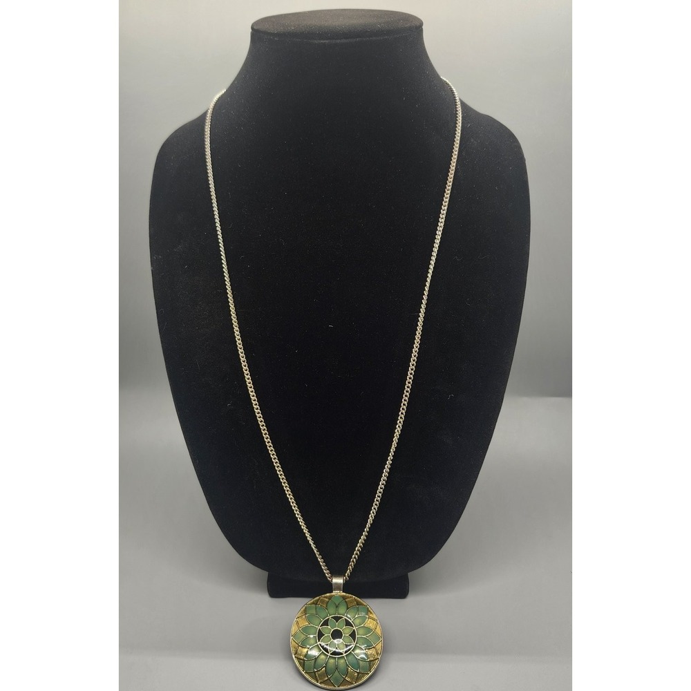 Long Round Pendant Necklace Green Black Gold Tone Floral Enamel Fashion Jewelry